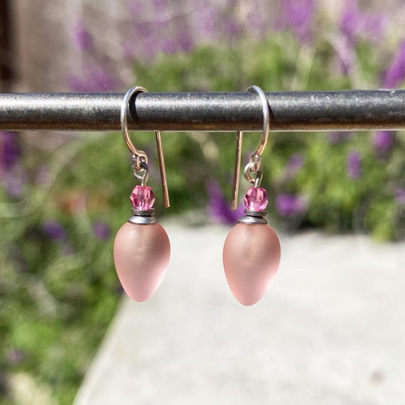 Frosted Pink Earrings, German Glass Drops, Austrian Crystal Pink Top Beads, Handmade, Dainty Light Rose Earrings, Rare Glass, "Plums 52"