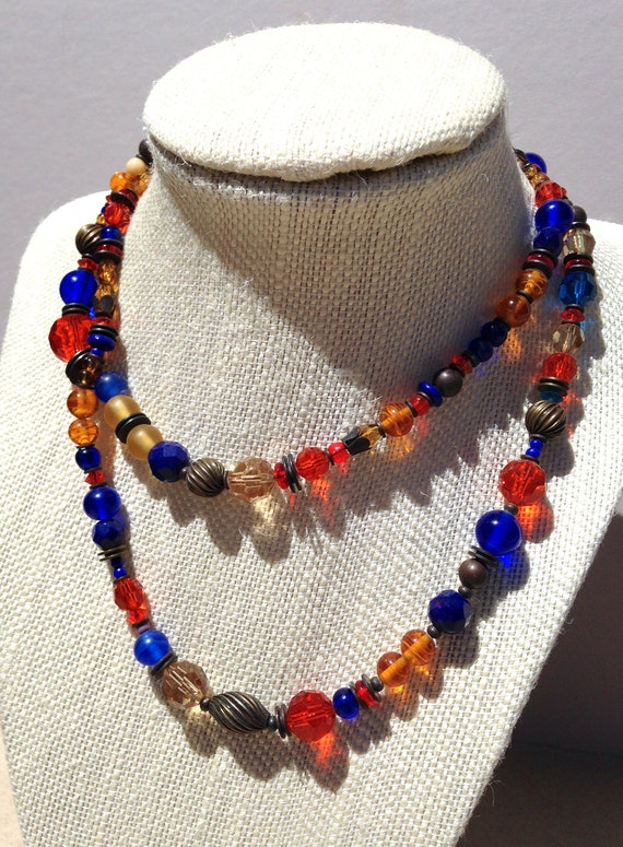 30 Inch Beaded Necklace, Cobalt & Topaz Austrian Crystal, Antique Czech Glass, Art Deco, Vintage Glass, Bronze Accents "Hot Halos"