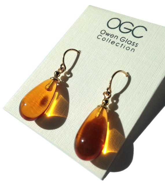 Orange Glass Earrings, Bright Orange German Glass Drop Earrings with 14 Karat Gold Filled Ear Wires, "Brights 19"