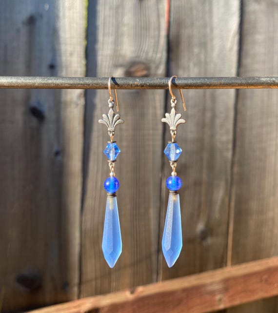 Frosted Sapphire Chandelier Earrings: Antique Czech Glass Prisms, Art Deco Style, Vintage
