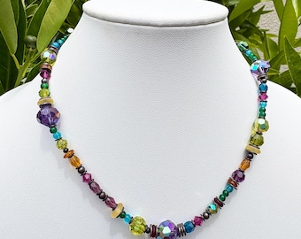 Crystal Necklace: Amethyst, Citrus Green Czech Glass, Austrian Crystal, 18 Inch