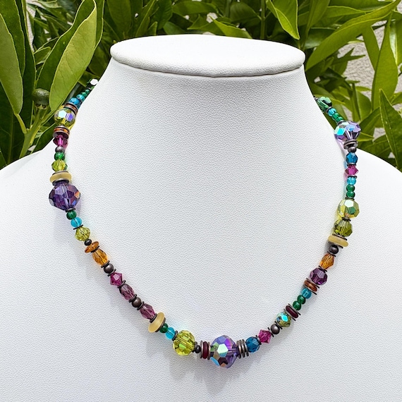 Crystal Necklace: Amethyst, Citrus Green Czech Glass, Austrian Crystal, 18 Inch