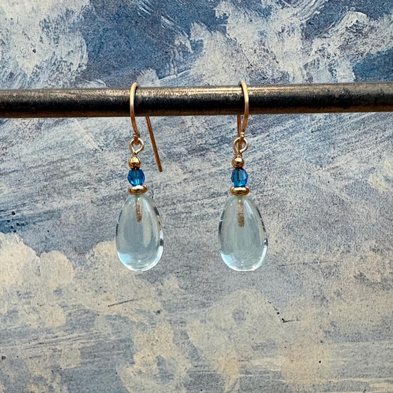Aquamarine Glass Dangle Earrings; Turquoise Crystal, Gold Trim