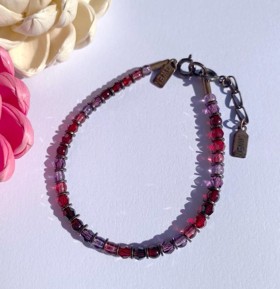 Crystal Stackable Bracelet, Shades of Burgundy, Garnet and Amethyst, Austrian Crystal, Czechoslovakian Glass, Antiqued Bronze, "Dahlia"