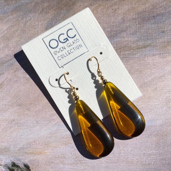 Olive Green German Glass Dangle Earrings: 14k Gold-Filled