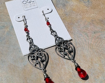 Red Antique Czech Glass Earrings, Art Deco, Silver Filigree