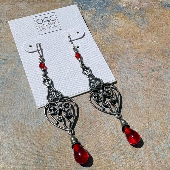 Red Antique Czech Glass Earrings, Art Deco, Silver Filigree