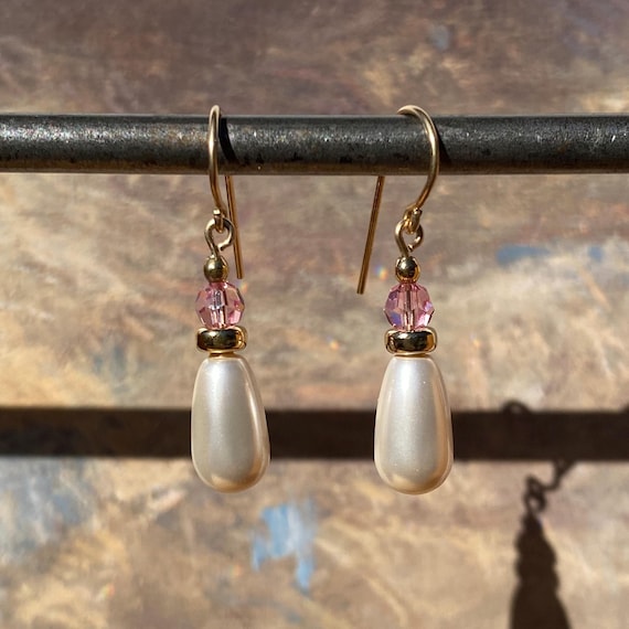 14k Gold-Filled Pearl Drop Earrings: Pink Austrian Crystal