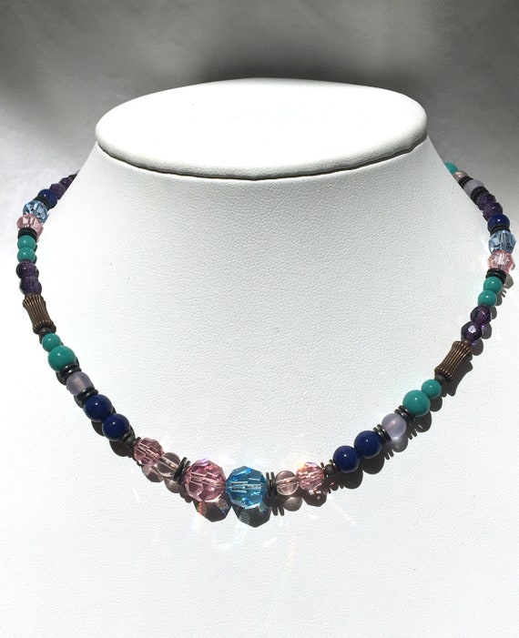16 Inch Choker Necklace, Pastel Aqua, Pink and Cobalt, Austrian Crystal and Czech Glass, Bronze Accents, Art Deco, "Prosaic"