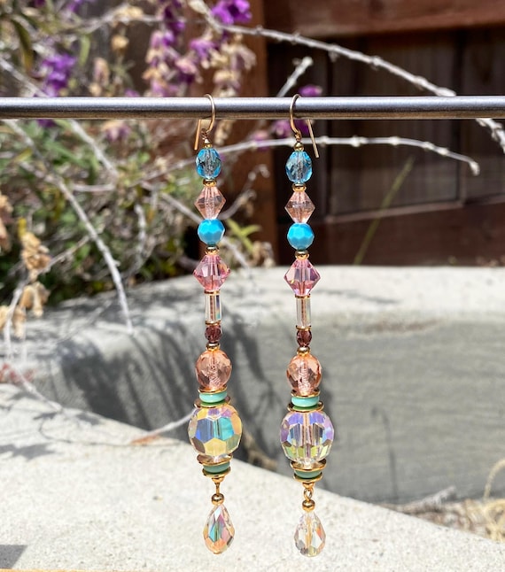 Crystal Shoulder Dusters, Pastel Czech Glass, Austrian Crystal, Peach, Turquoise, Amethyst, Gold, Art Deco, "Back to Miami Beach"