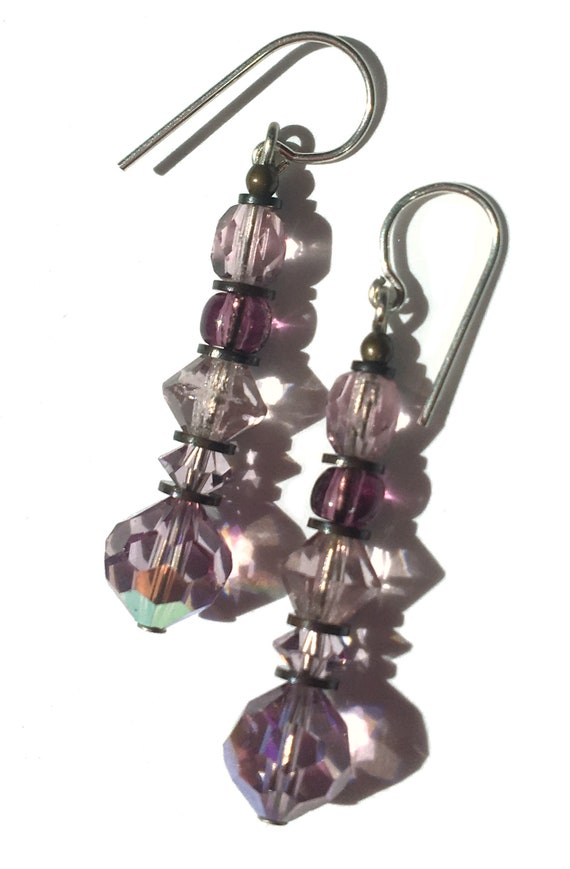 Amethyst Beaded Earrings, Light Amethyst Austrian Crystal, Amethyst Czech Glass, Antique Bronze Accents, Lilac Glass Earrings, "Elements 6"