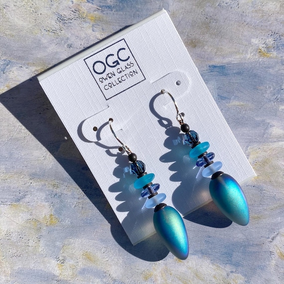 Iridescent Indigo Blue Earrings; Czech and German Glass, Crystal, Bronze