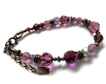 Amethyst Crystal Bracelet, Shades of Purple Austrian Crystal and Czech Glass Beaded Bracelet, Bronze Accents, Art Deco, &quot;&#39;Round Midnight&quot;