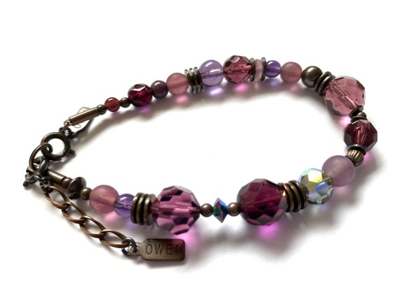 Amethyst Crystal Bracelet, Shades of Purple Austrian Crystal and Czech Glass Beaded Bracelet, Bronze Accents, Art Deco, "'Round Midnight"