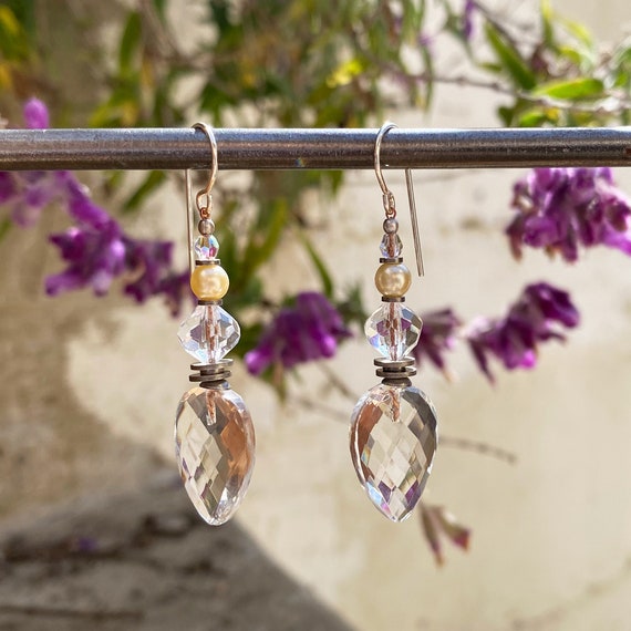 Clear Glass Earrings, Czech Glass, Austrian Crystal, Glass Pearl Accents, Art Deco Style, Bridal Jewelry, Clear Crystal Earrings, Style 284