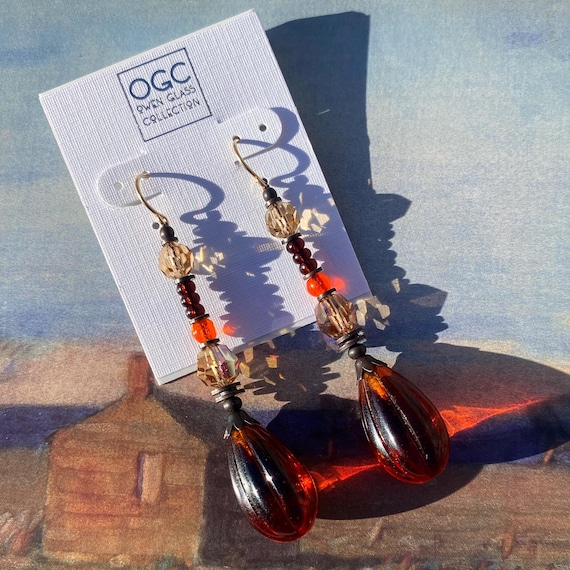 Dark Topaz Dangle Earrings; Large Seedpod Glass Drops, Bronze, Handmade Earrings