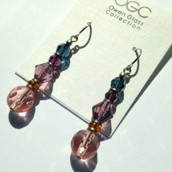 Rose Peach Glass Earrings, Czechoslovakian Glass and Austrian Crystal in Shades of Amethyst, Topaz and Indigo Blue, Stacked Beads, "Fauna 4"