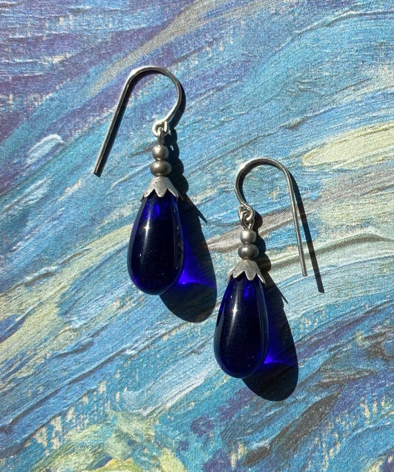 Cobalt Earrings, Glass Earrings in Deep Blue, German Glass, Silver Ear Wires, Handmade, "Silver Brights 11"