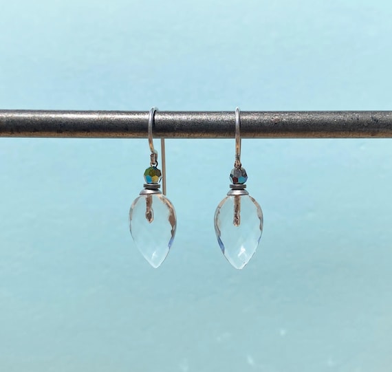 Clear Glass Earrings, Clear German Glass Drops with Iridescent Austrian Crystal Top Beads, Rare Glass, "Birdsong 11"