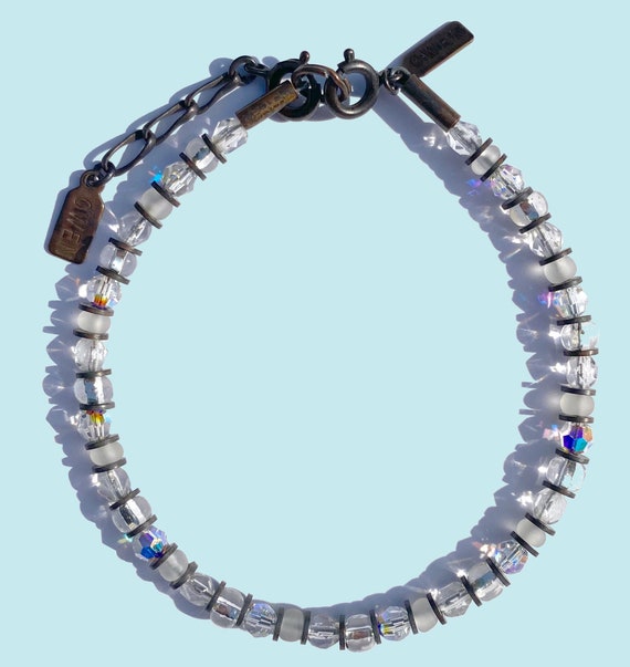 White Beaded Bracelet, Shades of Crystal, Iridescent Austrian Crystal, Czechoslovakian Glass, Stackable Bracelet, Art Deco, "Glacier II""