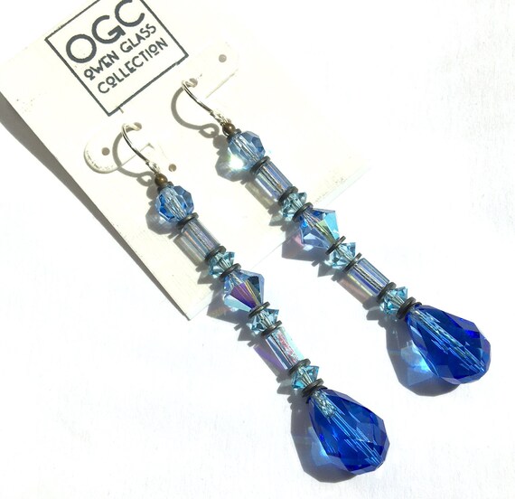 Sapphire Earrings, Shades of Blue Dangle Earrings, Aquamarine, Light Sapphire, Austrian Crystal and Antiqued Bronze, Art Deco, "Splash 21"