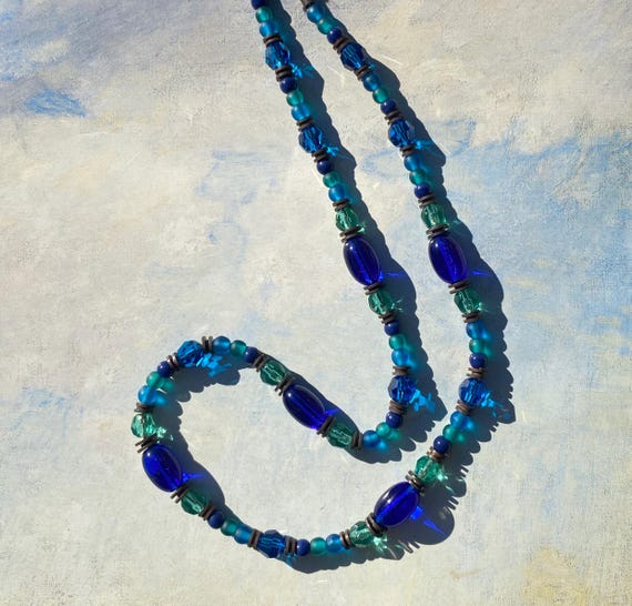 Cobalt Czech Glass Choker Necklace: Austrian Crystal, Bronze, 15 Inch