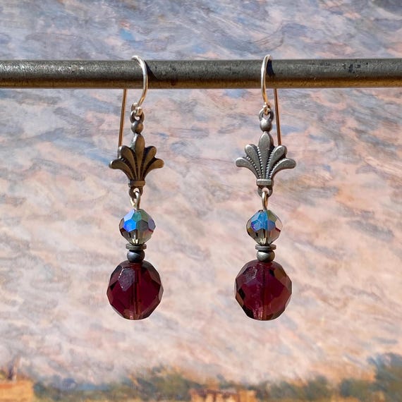 Amethyst Czech Glass Earrings: Austrian Crystal, Antiqued Silver Dipped Filigree, Style 67