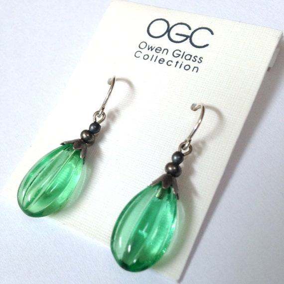 Peridot Earrings, Pale Pastel Green German Glass Drops with Sterling Silver Ear Wires, Seedpods 13