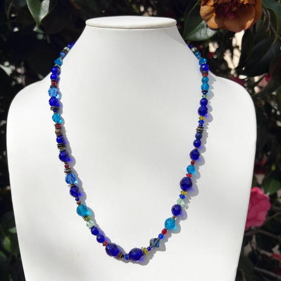 24-Inch Beaded Necklace: Blue Czech Glass, Austrian Crystal, Vintage