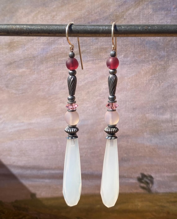 White Chandelier Earrings, German Glass Dangle Earrings, Pink Austrian Crystal, Rose Czech Glass, Antiqued Silver, Style 170