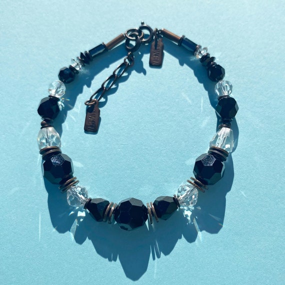 Jet and Clear Crystal Beaded Bracelet, Antique Czech Glass, Austrian Crystal, Bronze Trim, Rare Glass, Vintage Art Deco Beads, "First Gala"