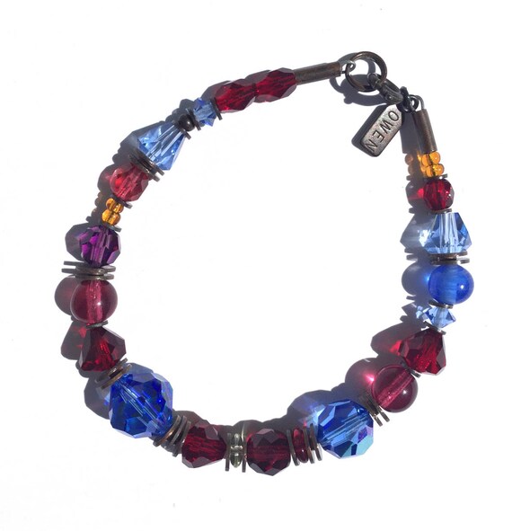 Crystal Bracelet, Sapphire, Garnet and Topaz Austrian Crystal and Czech Glass Beaded Art Deco Bracelet, Rare Glass, "Event Horizon"