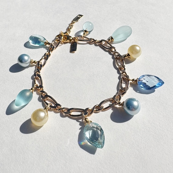 Aqua Crystal Charm Bracelet: Gold, Pearls, Blue Glass