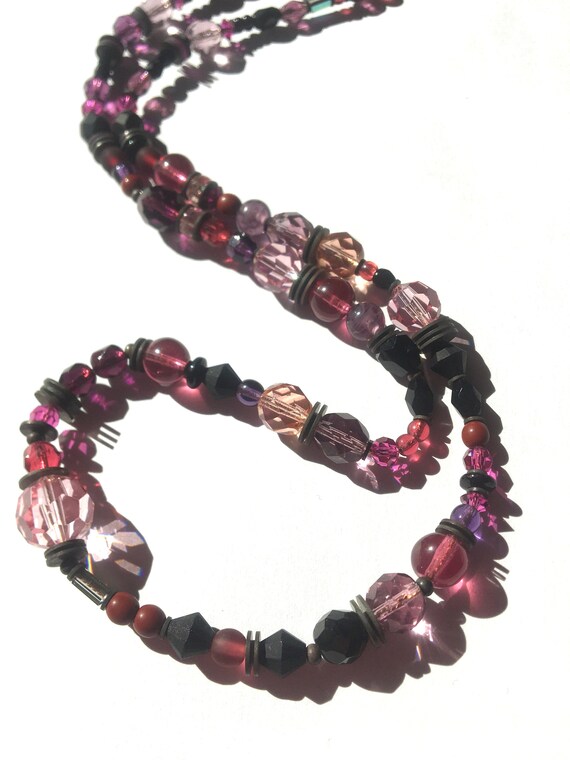 24 Inch Crystal Necklace, Pink, Amethyst, Jet Antique Czechoslovakian Glass and Austrian Crystal Beaded Necklace, Bronze, "Bang Bang Bang"