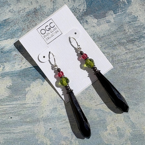 Jet Prism Earrings; Antique Czech Glass, Pink & Green, Bronze, Silver, Art Deco