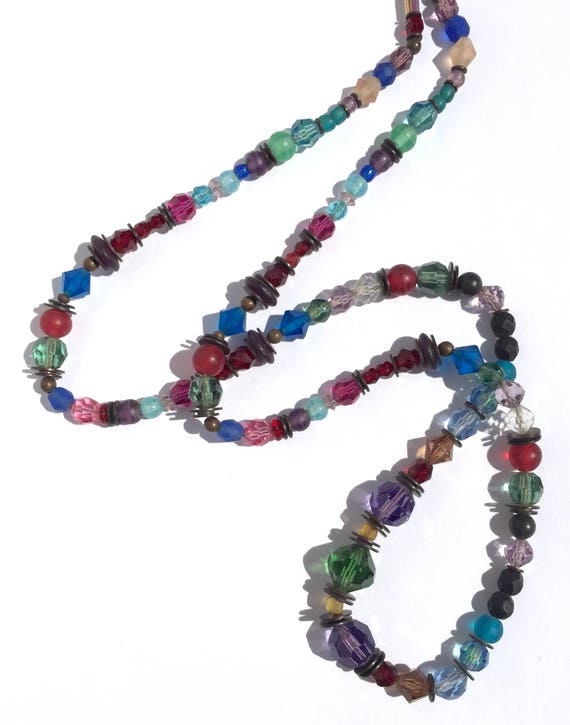 Amethyst, Tourmaline and Smoke Topaz Austrian Crystal and Czech Glass Art Deco 30 inch Necklace, "Topkapi"