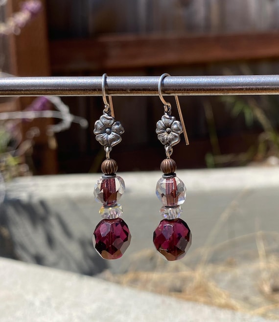 Amethyst Drop Earrings, Czech Glass Amethyst Drops with Austrian Crystal, Handmade Earrings, Vintage Glass, Style 82
