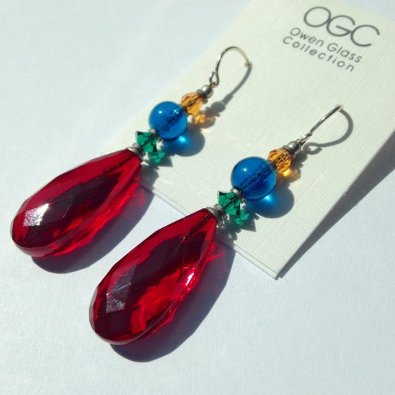 Bright Red Earrings, German Glass, Austrian Crystal Accents in Topaz and Emerald Green, Capri Blue Czech Glass, Art Deco, "Cabaret 1"