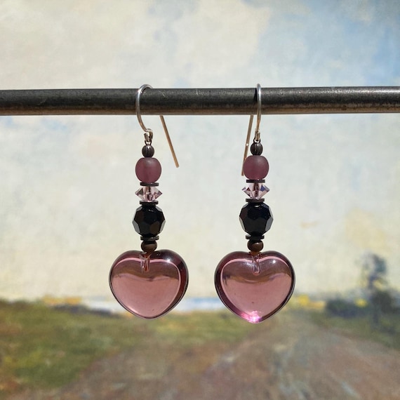 Purple Heart Dangle Earrings: Amethyst Crystal, Sterling Silver, Handmade