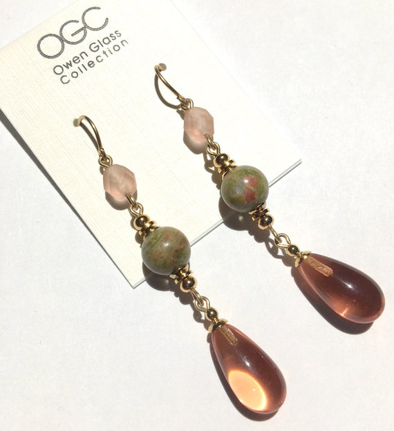 Light Topaz Glass Earrings, Pale Peach Glass Drops, Frosted Czech Glass Accents, Pink and Green Gemstones, Gold Dangle Earrings, "Riviera 2"