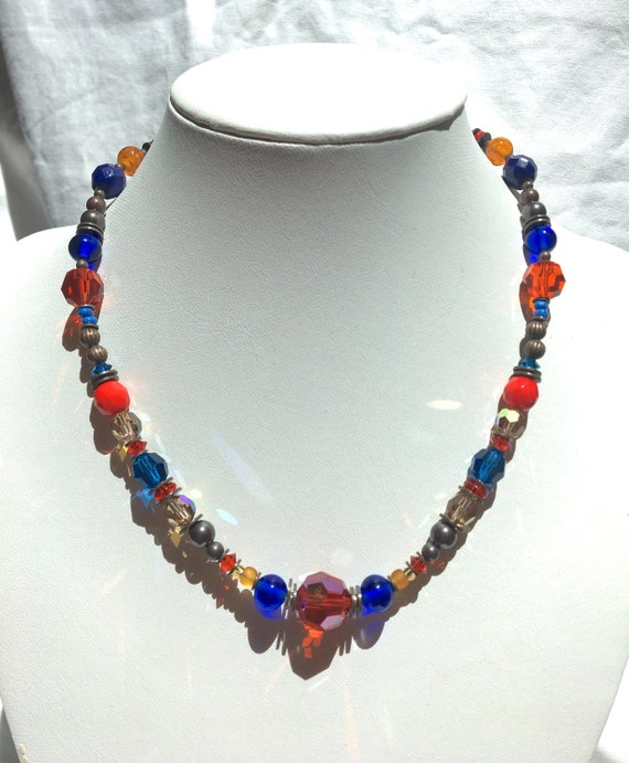 16 Inch Crystal and Glass Necklace, Cobalt and Bright Topaz, Austrian Crystal, Antique Czech Glass, Art Deco, Antiqued Bronze, "Hot Halos"