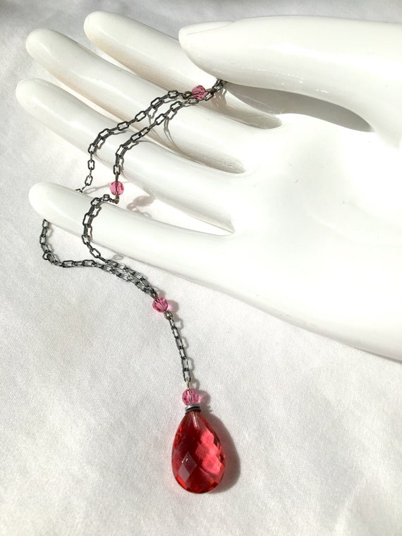 Pink Pendant Necklace, Rose Pink Glass with Pink Austrian Crystal Accents with Antiqued Silver Chain, 16 Inches, "High Street 12"