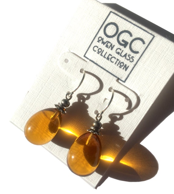 Bright Topaz Glass Drop Earrings, European Glass, Minimalist Drop Earrings, Sterling Silver Ear Wires, Bright Orange Drops, "Berries 30"