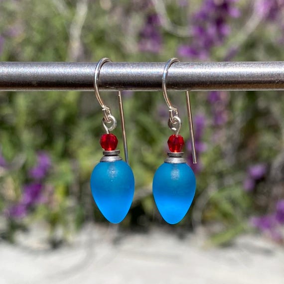 Frosted Turquoise Earrings, German Glass Drops, Austrian Crystal Red Top Beads, Handmade, Bright Blue Earrings, Rare Glass, "Plums 23"