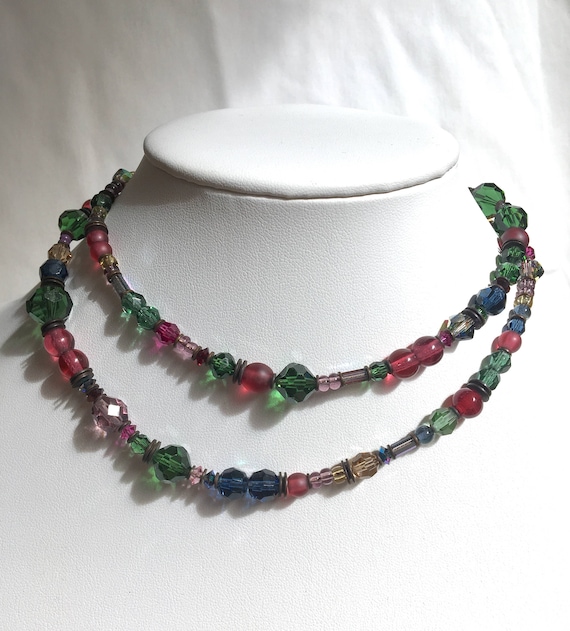 30 Inch Crystal Necklace, Tourmaline Green, Rose and Garnet Austrian Crystal and Czech Glass, Art Deco Necklace, "No Loss of Generality"