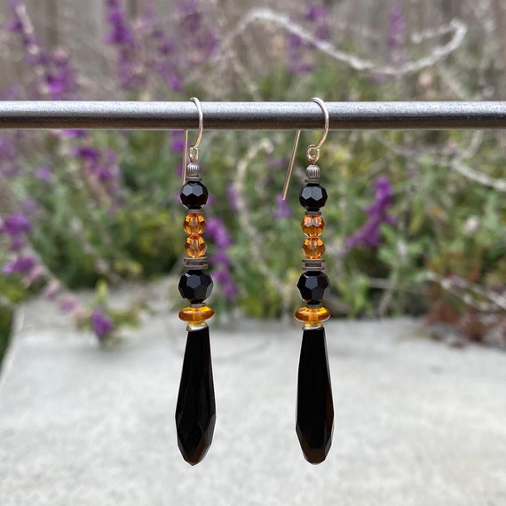 Black Prism Earrings, German Glass Drops with Topaz Austrian Crystal Accents, Chandelier Earrings, Art Deco, Antiqued Silver, "Metro 22"