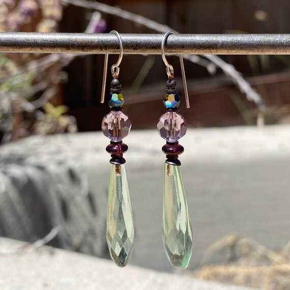 Peridot Prism Earrings, Pastel Green Chandelier Earrings, Austrian Crystal and Czech Glass Accents, Bronze Trim, "Style 498"