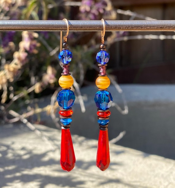Red Prism Earrings, Antique Czech Glass Prisms, Austrian Crystal Top Beads in Turquoise and Sapphire with Czech Glass, "Seraphina"