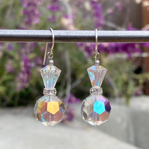 Clear Crystal Earrings, Austrian Crystal Beads, Rare Glass, Iridescent Crystal, Vintage Top Beads, Handmade Earrings, "Splash 8"