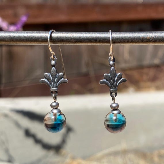 Pink & Aqua German Glass Drop Earrings: Antiqued Silver Filigree